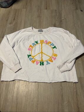 Revolution White Crewneck Sweatshirt with Multicolor 'Stay Happy' Peace Sign